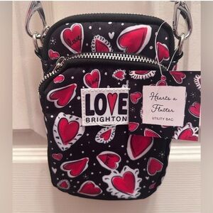 NWT Brighton Black w/Red Hearts Crossbody Bag w/Light Padding & Adjustable Strap